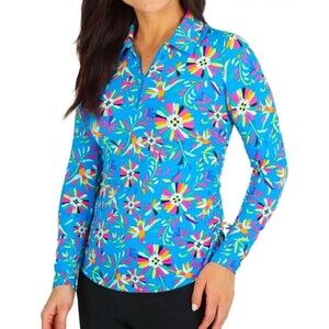 IBKUL Long Sleeve Golf Polo Womens XS Estela Print Blue Floral Pattern UPF 50
